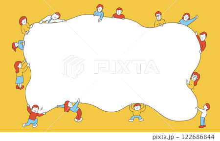 多様性のイラストフレーム　大きい布を広げるいろんな年代・属性の人々 122686844
