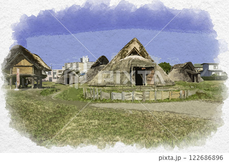 水彩画風 静岡 登呂遺跡 稲作農耕集落 静岡県静岡市 水彩画風 静岡 登呂遺跡 稲作農耕集落 静岡県静岡市 122686896