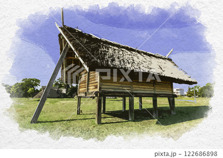 水彩画風　静岡　登呂遺跡　祭殿　静岡県静岡市 122686898