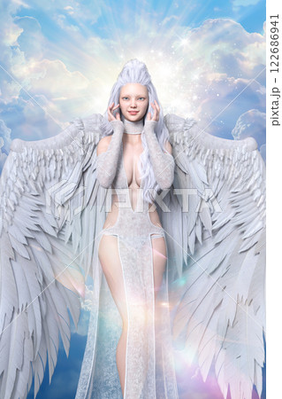 笑顔で頬に手を当てる大きな翼の天使 笑顔で頬に手を当てる大きな翼の天使 122686941