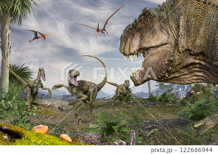 獲物を探すデイノニクスにティラノサウルスが近づくのイラスト素材
