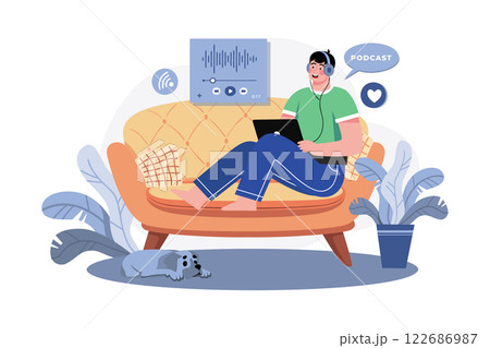 Man Listening To The Podcast While Sitting On A Couch 122686987