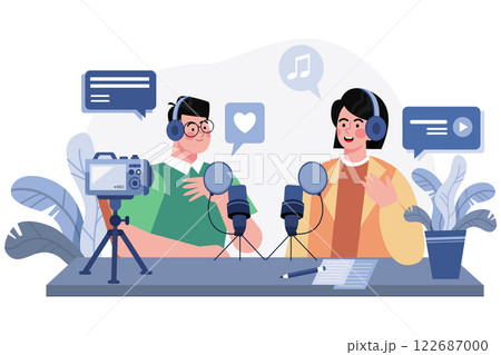 Man And Woman Recording A Podcast Conversation 122687000