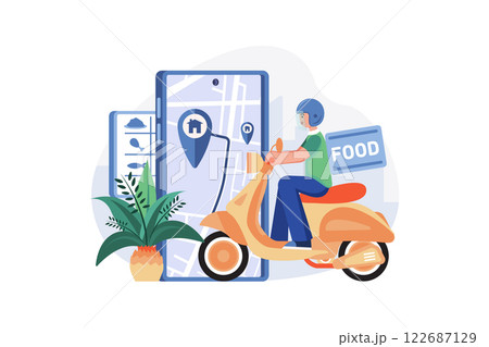 Food Delivery Service, A Male Courier With A Large Backpack Food Delivery Service, A Male Courier With A Large Backpack 122687129