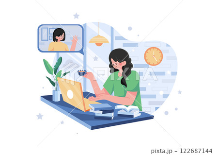 Lady Doing Online Meeting On A Tablet With Coffee Cup On The Desk Lady Doing Online Meeting On A Tablet With Coffee Cup On The Desk 122687144