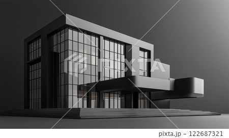 大きな透明な窓とすっきりとしたラインを備えたモダニズム的な暗い建物 大きな透明な窓とすっきりとしたラインを備えたモダニズム的な暗い建物 122687321
