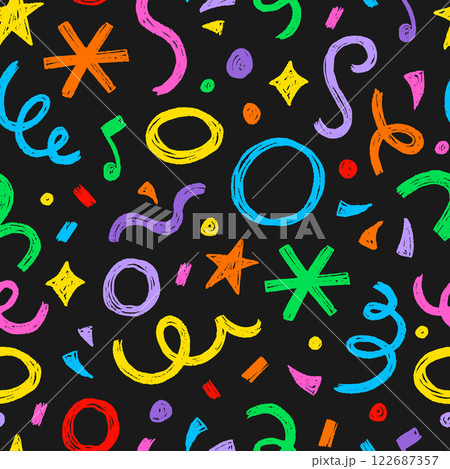 Kid seamless pattern child fun shape squiggle confetti background. Hand drawn color crayon background fun child squiggle shape. Crayon color confetti abstract seamless pattern vector 122687357
