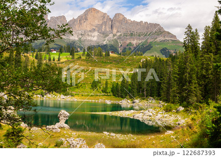 Karersee small alpine lake in Dolomites in South Tyrol, Italy Karersee small alpine lake in Dolomites in South Tyrol, Italy 122687393