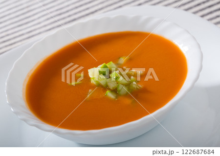 Andalusian fresh traditional cold soup gazpacho in bowl Andalusian fresh traditional cold soup gazpacho in bowl 122687684