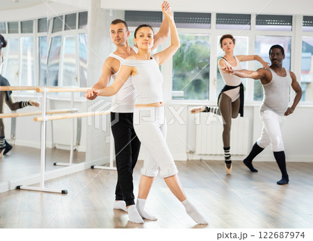 Asian female ballet dancer practicing in pair with partner 122687974