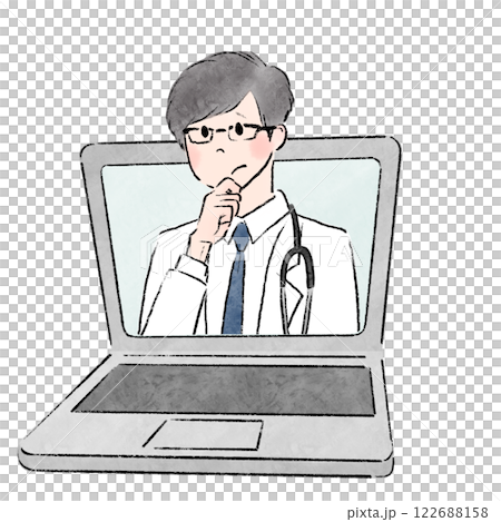 A male doctor with a troubled expression looking through a laptop monitor 122688158