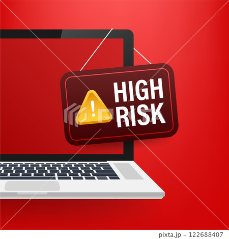 High risk sign hanging from laptop screen showing warning alert notification High risk sign hanging from laptop screen showing warning alert notification 122688407