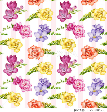 Freesia flowers elegant seamless pattern decor. Hand drawn spring season blooming flowers watercolor illustration. Freesia blossoms on striped background seamless pattern 122688422