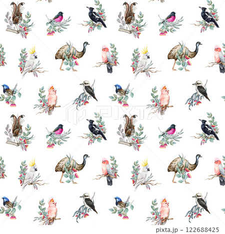 Australia native birds watercolor illustration seamless pattern. Hand drawn cockatoo, fairy wren, kookaburra, magpie, emu with eucalyptus branches, flowers decoration on white background 122688425