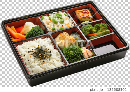 bento box with rice fish vegetables isolated background bento box with rice fish vegetables isolated background 122688502