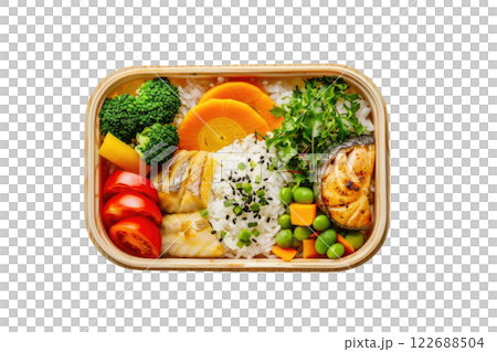 bento box with rice fish vegetables isolated background bento box with rice fish vegetables isolated background 122688504