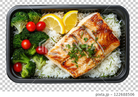 bento box with rice fish vegetables isolated background bento box with rice fish vegetables isolated background 122688506