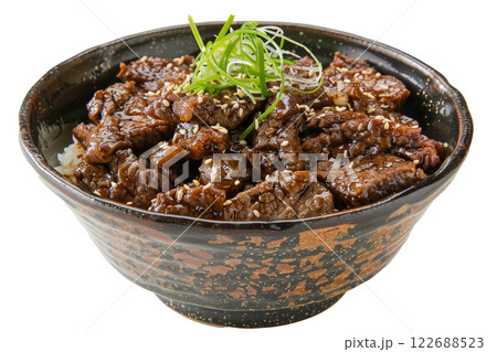 bowl of donburi with beef and rice, isolated on a white background bowl of donburi with beef and rice, isolated on a white background 122688523