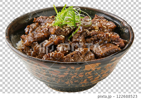 bowl of donburi with beef and rice, isolated on a white background bowl of donburi with beef and rice, isolated on a white background 122688523