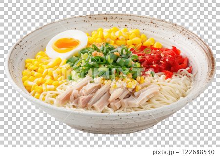 bowl of ramen with noodles, broth, egg, and toppings, isolated background 122688530