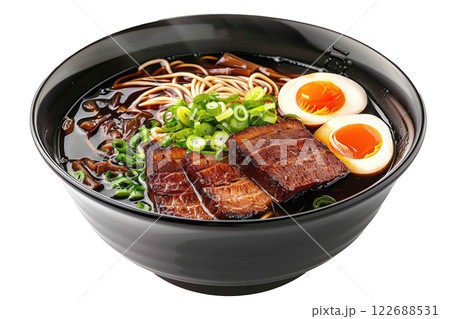 bowl of ramen with noodles, broth, egg, and toppings, isolated background bowl of ramen with noodles, broth, egg, and toppings, isolated background 122688531