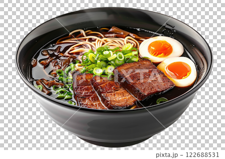 bowl of ramen with noodles, broth, egg, and toppings, isolated background bowl of ramen with noodles, broth, egg, and toppings, isolated background 122688531