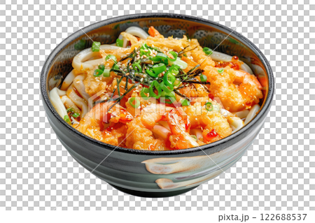 udon noodles with tempura, isolated background 122688537