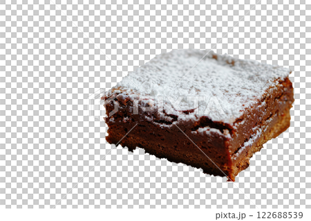 brownie with a dusting of powdered sugar, isolated background brownie with a dusting of powdered sugar, isolated background 122688539