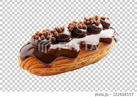 chocolate eclair with a glossy chocolate glaze, isolated background 122688557