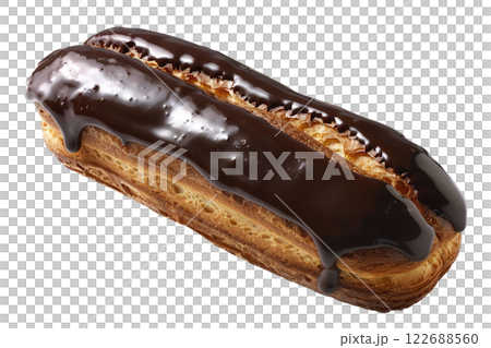 chocolate eclair with a glossy chocolate glaze, isolated background chocolate eclair with a glossy chocolate glaze, isolated background 122688560
