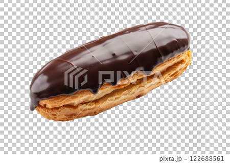 chocolate eclair with a glossy chocolate glaze, isolated background 122688561