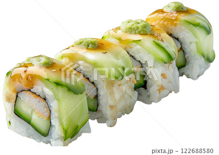cucumber roll sushi floating, isolated background 122688580