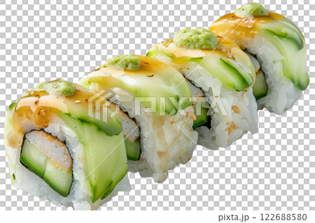 cucumber roll sushi floating, isolated background 122688580