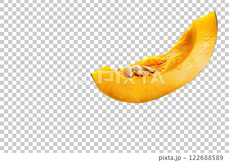 ripe slice of pumpkin floating, isolated background 122688589