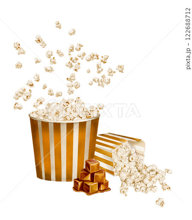 Popcorn in gold packaging. Retro style paper tableware for snacks. Popcorn spilled out of a paper bag. Caramel flavored snack. Classic retro style for parties and movies. Watercolor illustration.  122688712