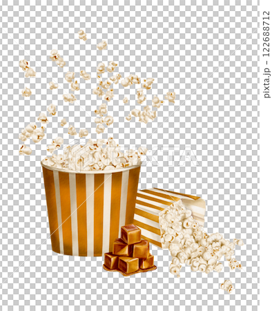 Popcorn in gold packaging. Retro style paper tableware for snacks. Popcorn spilled out of a paper bag. Caramel flavored snack. Classic retro style for parties and movies. Watercolor illustration.  122688712