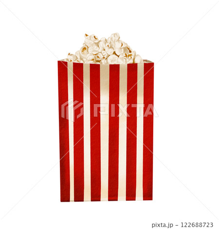 A bag of popcorn. Paper container with snack. Classic retro style for popcorn and cinema. Gold stripes. crispy salty snack. watercolor illustration isolated from background. A bag of popcorn. Paper container with snack. Classic retro style for popcorn and cinema. Gold stripes. crispy salty snack. watercolor illustration isolated from background. 122688723