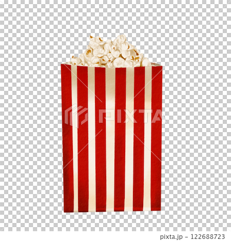 A bag of popcorn. Paper container with snack. Classic retro style for popcorn and cinema. Gold stripes. crispy salty snack. watercolor illustration isolated from background. A bag of popcorn. Paper container with snack. Classic retro style for popcorn and cinema. Gold stripes. crispy salty snack. watercolor illustration isolated from background. 122688723