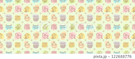 Easter season doodle style icons and quotes seamless pattern, hand-drawn spring hunt theme background, cute symbols and elements collection. Easter season doodle style icons and quotes seamless pattern, hand-drawn spring hunt theme background, cute symbols and elements collection. 122688776