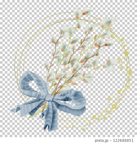 Watercolor illustration of round frame with willow buds and bow. Ideal for romantic greeting cards, invitations to weddings or birthdays. Cosmetics, perfumes and home decor. Frame for websites or apps Watercolor illustration of round frame with willow buds and bow. Ideal for romantic greeting cards, invitations to weddings or birthdays. Cosmetics, perfumes and home decor. Frame for websites or apps 122688851