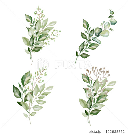 Hand-drawn watercolor illustration of four elegant eucalyptus branches with lush, aromatic leaves. Perfect for wedding invitations, botanical prints, minimalist home decor, romantic greeting cards. 122688852