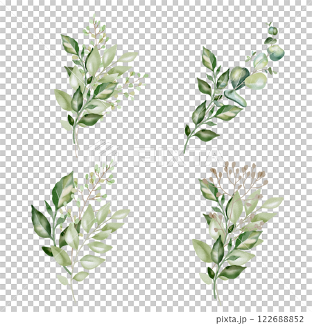 Hand-drawn watercolor illustration of four elegant eucalyptus branches with lush, aromatic leaves. Perfect for wedding invitations, botanical prints, minimalist home decor, romantic greeting cards. Hand-drawn watercolor illustration of four elegant eucalyptus branches with lush, aromatic leaves. Perfect for wedding invitations, botanical prints, minimalist home decor, romantic greeting cards. 122688852