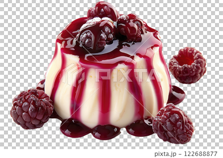 panna cotta with a raspberry coulis isolated background 122688877