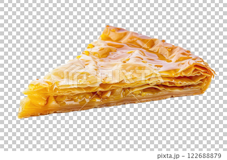 piece of baklava with honey drizzled on top isolated background 122688879