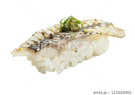 piece of mackerel nigiri sushi floating isolated background 122688902