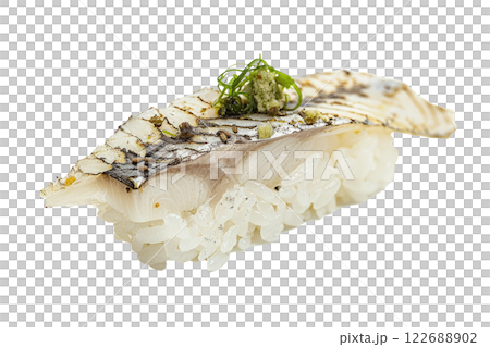 piece of mackerel nigiri sushi floating isolated background 122688902