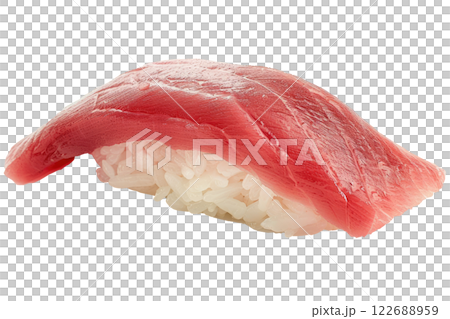 piece of toro fatty tuna sushi floating, isolated background 122688959