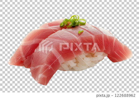 piece of toro fatty tuna sushi floating, isolated background 122688962