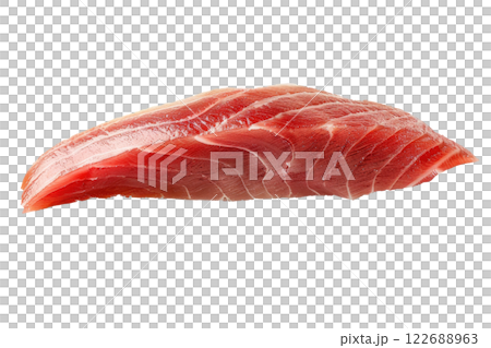 piece of toro fatty tuna sushi floating, isolated background 122688963