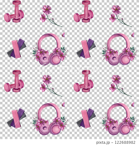 Pattern with pink headphones, flowers, dumbbells, elastic bands. Cute fitness sport seamless illustration. Isolated from the background. Hand drawn for packaging, wrapping paper, scrapbook, merch 122688982